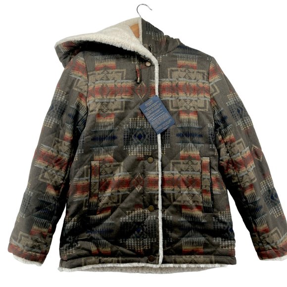 Pendleton Women's Aztec Tribal Print Reversible Hooded Fur Coat Size Small NWT